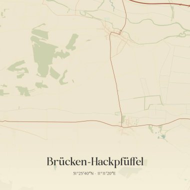 Brucken-Hackpfuffel 'in Sachsen-Anhalt, Almanya' daki klasik duvar sanat haritası. Ormanlar, yollar, şehirler, göller ve nehirlerle ilgili hava planı.