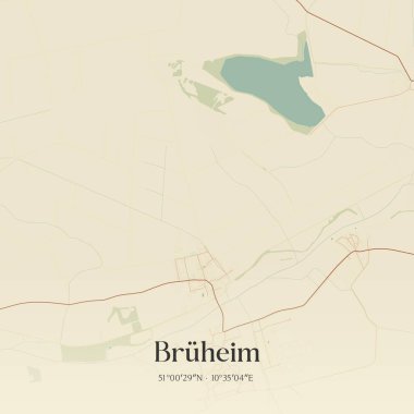 Bruheim 'ın klasik duvar sanat haritası. Thuringen, Almanya' da. Ormanlar, yollar, şehirler, göller ve nehirlerle ilgili hava planı.