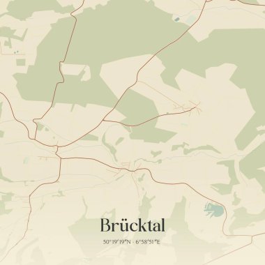 Brucktal 'ın klasik duvar sanat haritası, Rheinland-Pfalz, Almanya' da. Ormanlar, yollar, şehirler, göller ve nehirlerle ilgili hava planı.