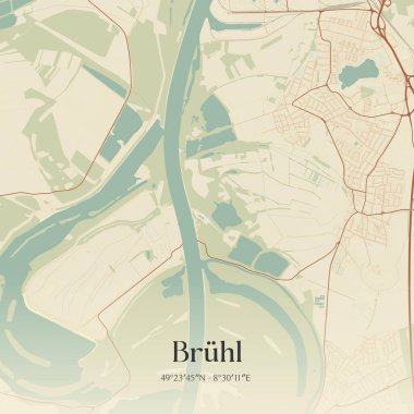 Baden-Wurttemberg, Almanya 'da yer alan Bruhl' un klasik duvar sanat haritası. Ormanlar, yollar, şehirler, göller ve nehirlerle ilgili hava planı.