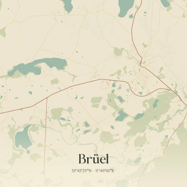 Bruel 'in klasik duvar sanat haritası, Mecklenburg-Vorpommern, Almanya' da. Ormanlar, yollar, şehirler, göller ve nehirlerle ilgili hava planı.