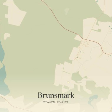 Brunsmark 'ın Almanya' nın kuzeyinde yer alan klasik duvar sanat haritası. Ormanlar, yollar, şehirler, göller ve nehirlerle ilgili hava planı.