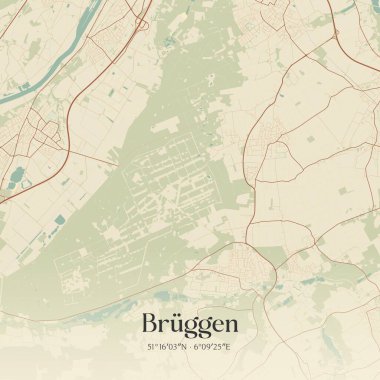 Bruggen 'in klasik duvar haritası, Nordrhein-Westfalen, Almanya' da. Ormanlar, yollar, şehirler, göller ve nehirlerle ilgili hava planı.