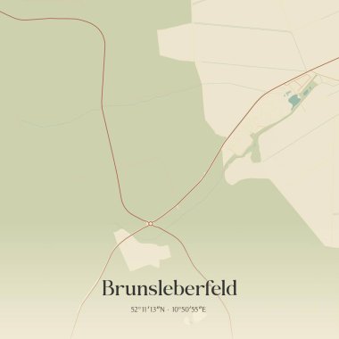 Brunsleberfeld 'in klasik duvar sanat haritası, Niedersachsen, Almanya' da. Ormanlar, yollar, şehirler, göller ve nehirlerle ilgili hava planı.