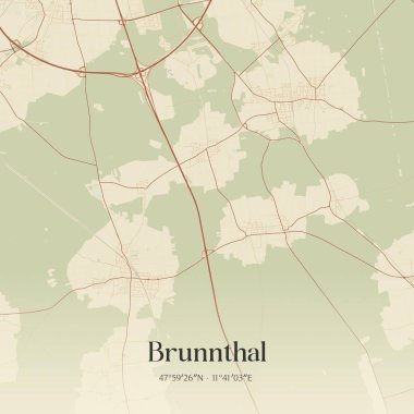 Brunnthal 'ın klasik duvar sanat haritası, Bayern, Almanya' da. Ormanlar, yollar, şehirler, göller ve nehirlerle ilgili hava planı.
