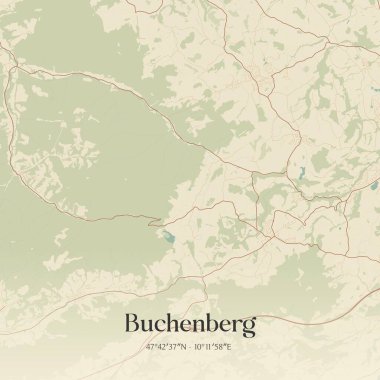 Vintage wall art map of Buchenberg, located in Bayern, Germany. Aerial plan with forests, roads, cities, lakes and rivers. clipart