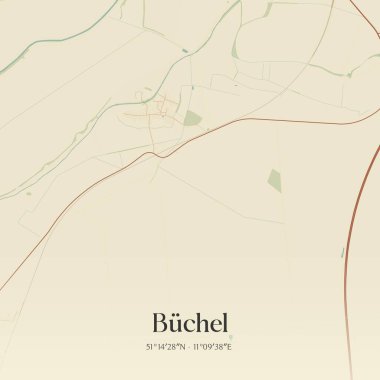 Buchel 'in klasik duvar haritası, Thuringen, Almanya' da. Ormanlar, yollar, şehirler, göller ve nehirlerle ilgili hava planı.