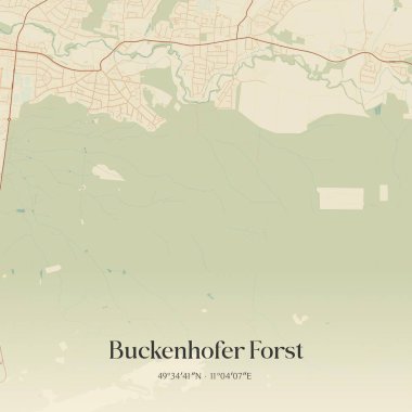 Almanya Bayern 'de bulunan Buckenhofer Forst' un klasik duvar sanat haritası. Ormanlar, yollar, şehirler, göller ve nehirlerle ilgili hava planı.