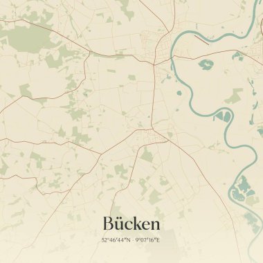 Bucken 'in klasik duvar sanat haritası, Niedersachsen, Almanya' da. Ormanlar, yollar, şehirler, göller ve nehirlerle ilgili hava planı.