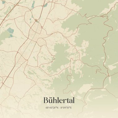 Baden-Wurttemberg, Almanya 'da bulunan Buhlertal' ın klasik duvar sanat haritası. Ormanlar, yollar, şehirler, göller ve nehirlerle ilgili hava planı.