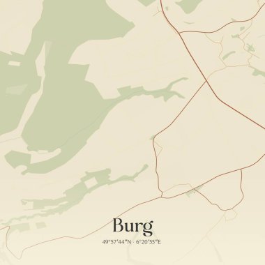 Burg 'un klasik duvar sanat haritası, Rheinland-Pfalz, Almanya' da. Ormanlar, yollar, şehirler, göller ve nehirlerle ilgili hava planı.