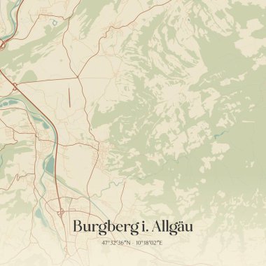 Almanya Bayern 'de bulunan Burgberg I. Allgau' nun klasik duvar sanat haritası. Ormanlar, yollar, şehirler, göller ve nehirlerle ilgili hava planı.