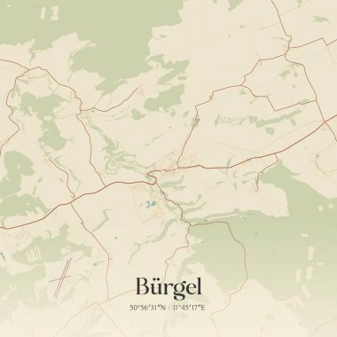 Burgel 'in klasik duvar haritası, Thuringen, Almanya' da. Ormanlar, yollar, şehirler, göller ve nehirlerle ilgili hava planı.