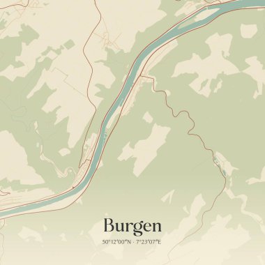 Burgen 'in klasik duvar sanat haritası, Rheinland-Pfalz, Almanya' da. Ormanlar, yollar, şehirler, göller ve nehirlerle ilgili hava planı.