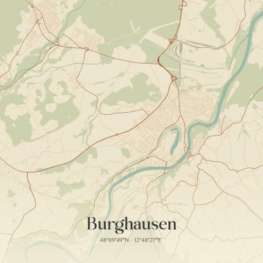 Almanya Bayern 'de bulunan Burghausen' in klasik duvar sanat haritası. Ormanlar, yollar, şehirler, göller ve nehirlerle ilgili hava planı.