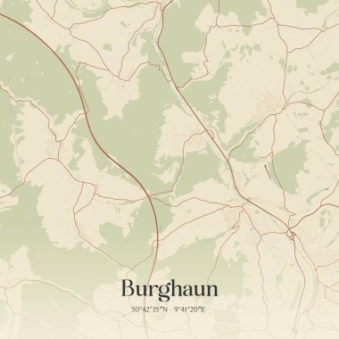 Burghaun 'un klasik duvar sanat haritası, Hessen, Almanya' da. Ormanlar, yollar, şehirler, göller ve nehirlerle ilgili hava planı.