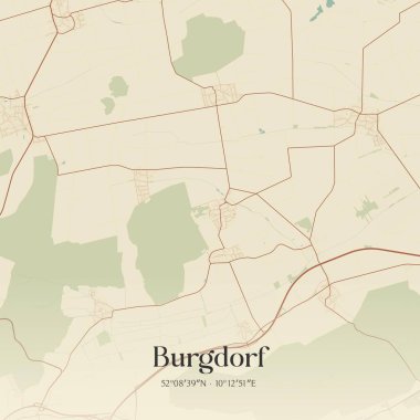 Burgdorf 'un klasik duvar sanat haritası, Niedersachsen, Almanya' da. Ormanlar, yollar, şehirler, göller ve nehirlerle ilgili hava planı.
