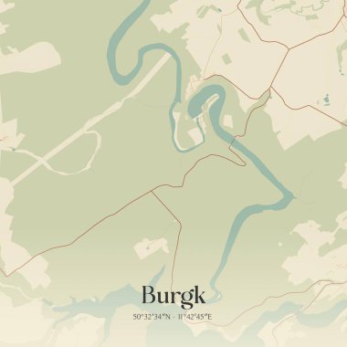 Burgk 'un klasik duvar haritası, Thuringen, Almanya' da. Ormanlar, yollar, şehirler, göller ve nehirlerle ilgili hava planı.