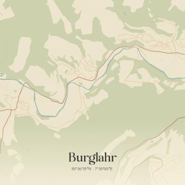 Burglahr 'ın klasik duvar sanat haritası, Rheinland-Pfalz, Almanya' da. Ormanlar, yollar, şehirler, göller ve nehirlerle ilgili hava planı.