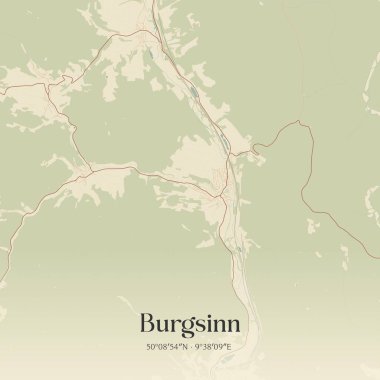 Almanya Bayern 'de bulunan Burgsinn' in klasik duvar sanat haritası. Ormanlar, yollar, şehirler, göller ve nehirlerle ilgili hava planı.