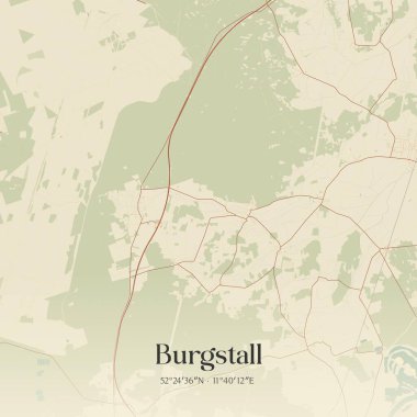 Burgstall 'ın klasik duvar sanat haritası, Sachsen-Anhalt, Almanya' da. Ormanlar, yollar, şehirler, göller ve nehirlerle ilgili hava planı.