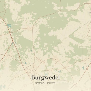 Burgwedel 'in klasik duvar sanat haritası, Niedersachsen, Almanya' da. Ormanlar, yollar, şehirler, göller ve nehirlerle ilgili hava planı.