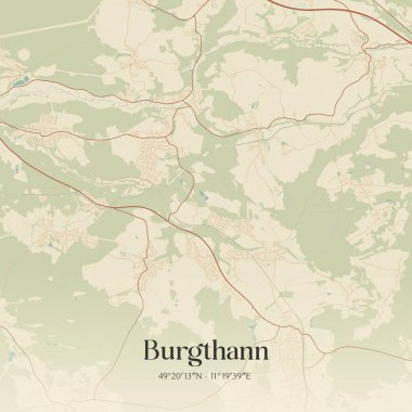 Almanya Bayern 'de bulunan Burgthann' in klasik duvar sanat haritası. Ormanlar, yollar, şehirler, göller ve nehirlerle ilgili hava planı.