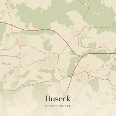 Buseck 'in klasik duvar sanat haritası, Hessen, Almanya' da. Ormanlar, yollar, şehirler, göller ve nehirlerle ilgili hava planı.