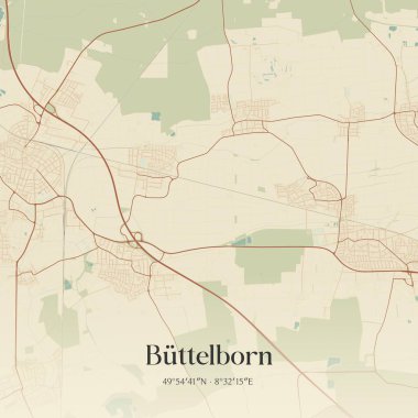 Buttelborn 'un klasik duvar sanat haritası, Hessen, Almanya' da. Ormanlar, yollar, şehirler, göller ve nehirlerle ilgili hava planı.