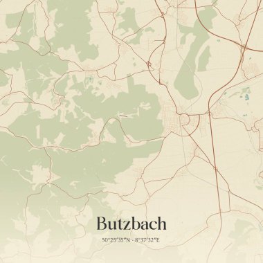 Vintage wall art map of Butzbach, located in Hessen, Germany. Aerial plan with forests, roads, cities, lakes and rivers. clipart