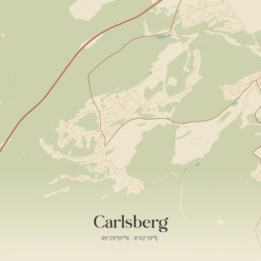 Carlsberg 'in klasik duvar sanat haritası, Rheinland-Pfalz, Almanya' da. Ormanlar, yollar, şehirler, göller ve nehirlerle ilgili hava planı.