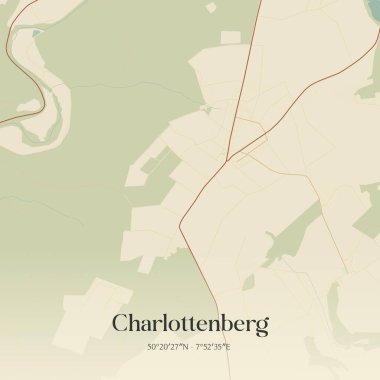 Charlottenberg 'in klasik duvar sanat haritası, Rheinland-Pfalz, Almanya' da. Ormanlar, yollar, şehirler, göller ve nehirlerle ilgili hava planı.