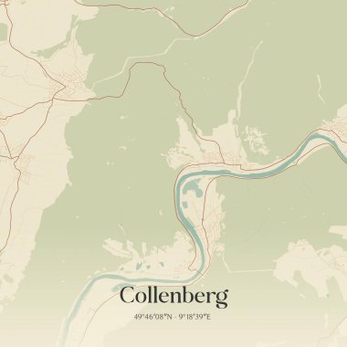 Almanya, Bayern 'de bulunan Collenberg' in klasik duvar sanat haritası. Ormanlar, yollar, şehirler, göller ve nehirlerle ilgili hava planı.