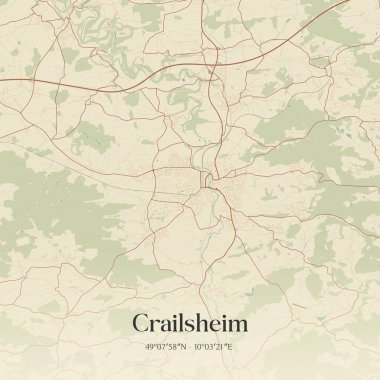 Crailsheim 'in klasik duvar sanat haritası, Baden-Wurttemberg, Almanya' da. Ormanlar, yollar, şehirler, göller ve nehirlerle ilgili hava planı.