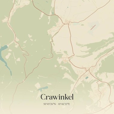 Crawinkel 'in klasik duvar haritası, Thuringen, Almanya' da. Ormanlar, yollar, şehirler, göller ve nehirlerle ilgili hava planı.