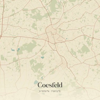 Vintage wall art map of Coesfeld, located in Nordrhein-Westfalen, Germany. Aerial plan with forests, roads, cities, lakes and rivers. clipart