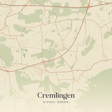 Vintage wall art map of Cremlingen, located in Niedersachsen, Germany. Aerial plan with forests, roads, cities, lakes and rivers. clipart