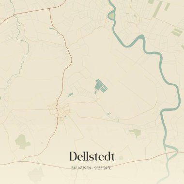 Vintage wall art map of Dellstedt, located in Schleswig-Holstein, Germany. Aerial plan with forests, roads, cities, lakes and rivers. clipart