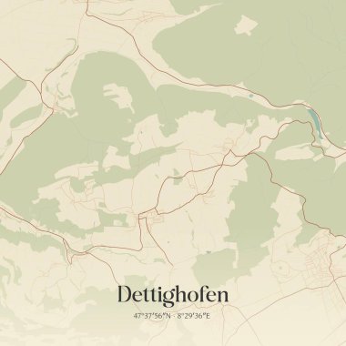 Almanya 'nın Baden-Wurttemberg kentinde bulunan Dettighofen' in klasik duvar sanat haritası. Ormanlar, yollar, şehirler, göller ve nehirlerle ilgili hava planı.