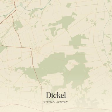 Niedersachsen, Almanya 'da bulunan Dickel' in klasik duvar sanat haritası. Ormanlar, yollar, şehirler, göller ve nehirlerle ilgili hava planı.