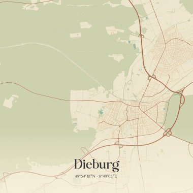 Dieburg 'un klasik duvar sanat haritası, Hessen, Almanya' da. Ormanlar, yollar, şehirler, göller ve nehirlerle ilgili hava planı.