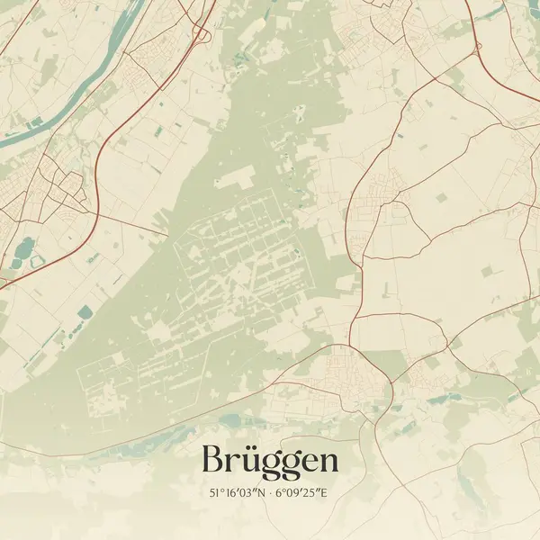 Bruggen 'in klasik duvar haritası, Nordrhein-Westfalen, Almanya' da. Ormanlar, yollar, şehirler, göller ve nehirlerle ilgili hava planı.