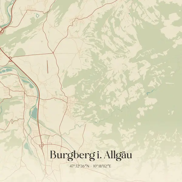 Almanya Bayern 'de bulunan Burgberg I. Allgau' nun klasik duvar sanat haritası. Ormanlar, yollar, şehirler, göller ve nehirlerle ilgili hava planı.