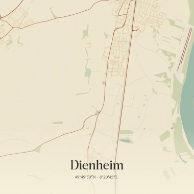 Vintage wall art map of Dienheim, located in Rheinland-Pfalz, Germany. Aerial plan with forests, roads, cities, lakes and rivers. clipart