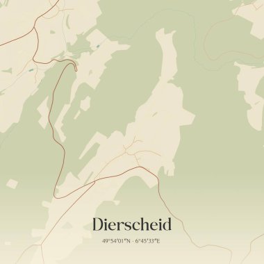 Almanya 'nın Rheinland-Pfalz kentinde bulunan Dierscheid' in klasik duvar sanat haritası. Ormanlar, yollar, şehirler, göller ve nehirlerle ilgili hava planı.