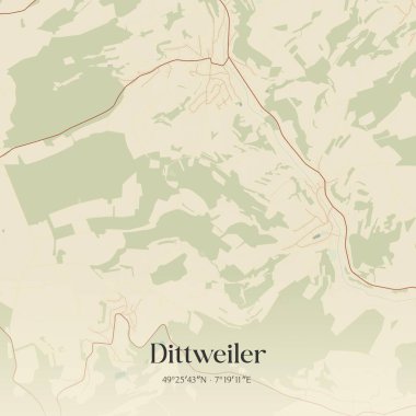 Almanya 'nın Rheinland-Pfalz kentinde bulunan Dittweiler' ın klasik duvar sanat haritası. Ormanlar, yollar, şehirler, göller ve nehirlerle ilgili hava planı.
