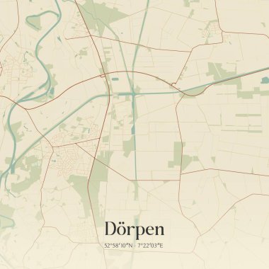 Dorpen 'in klasik duvar sanat haritası, Niedersachsen, Almanya' da. Ormanlar, yollar, şehirler, göller ve nehirlerle ilgili hava planı.