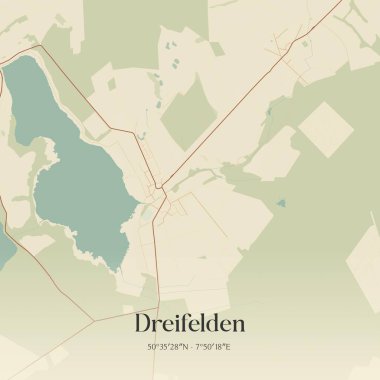 Rheinland-Pfalz, Almanya 'da bulunan Dreifelden' in klasik duvar sanat haritası. Ormanlar, yollar, şehirler, göller ve nehirlerle ilgili hava planı.