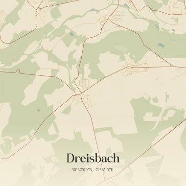Rheinland-Pfalz, Almanya 'da bulunan Dreisbach' ın klasik duvar sanat haritası. Ormanlar, yollar, şehirler, göller ve nehirlerle ilgili hava planı.