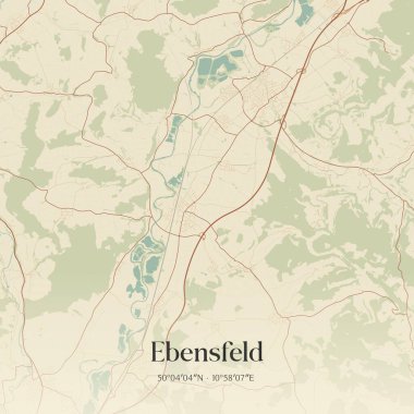 Ebensfeld 'in klasik duvar sanat haritası, Bayern, Almanya' da. Ormanlar, yollar, şehirler, göller ve nehirlerle ilgili hava planı.